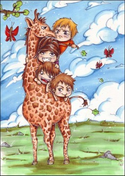  kids Art - kids giraffe riding